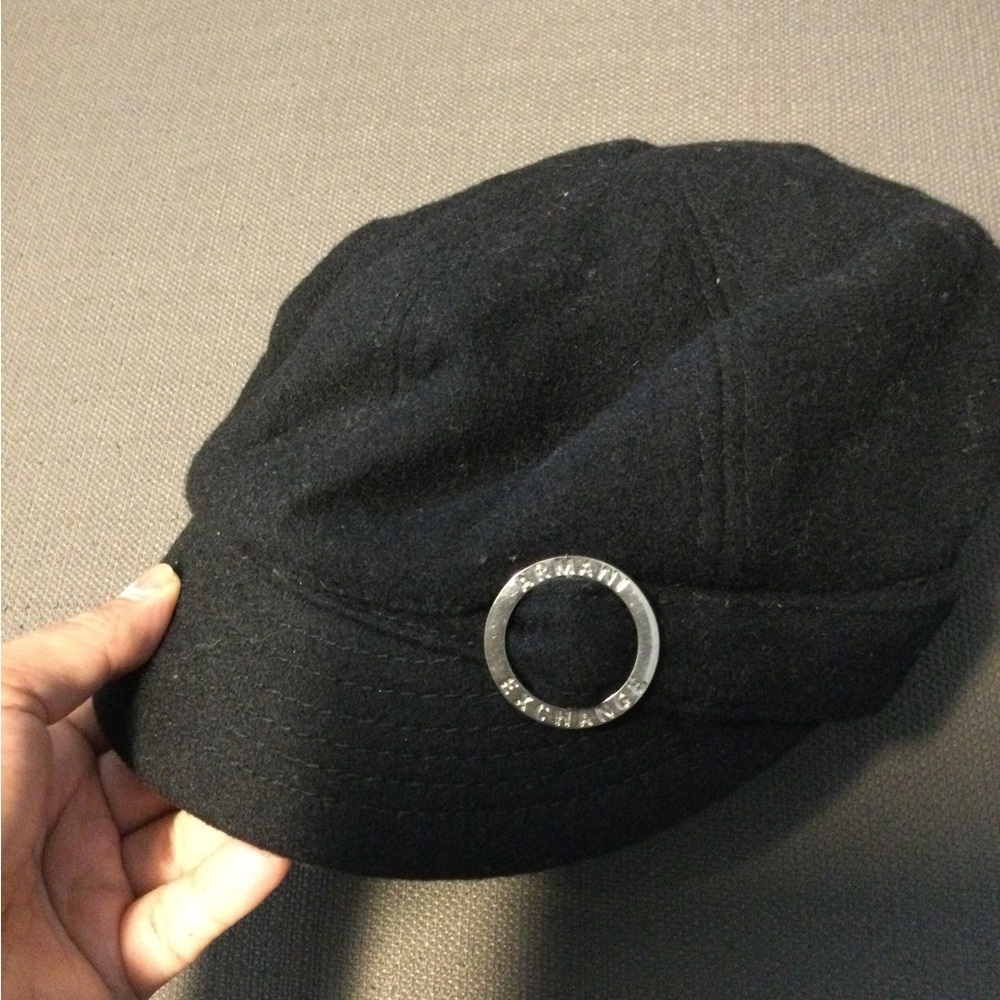 Armani Exchange Black Wool Newsboy Cap with Silver Ring Accent